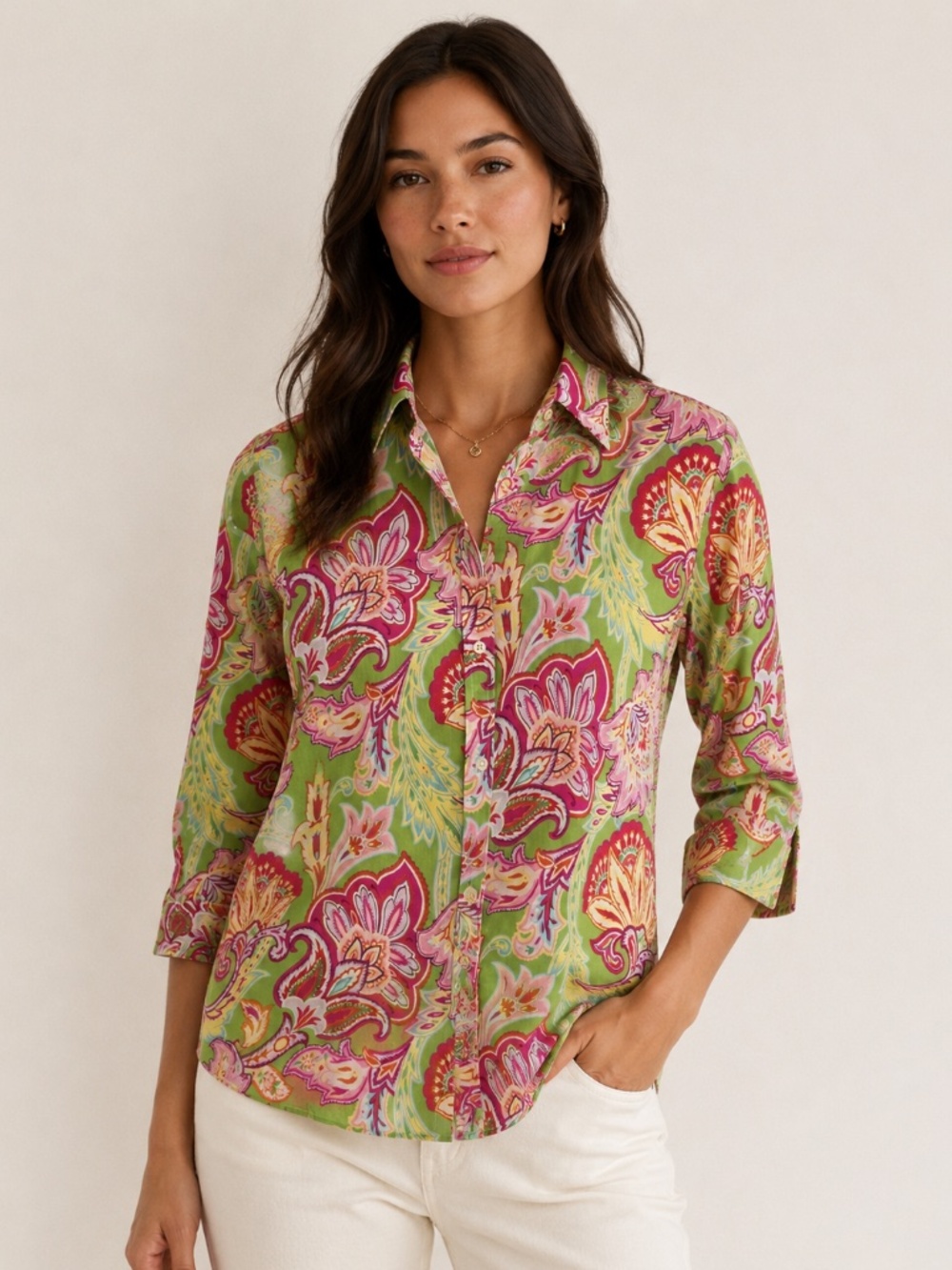 Ralph Lauren button down shirt L paisley 3/4 sleeve pink/green preppy coastal
